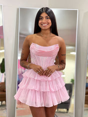 Sparkly Pink Corset A Line Short Beaded Homecoming Dress with Ruffles