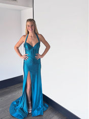 Sparkly Pink Mermaid Beaded Corset Long Prom Dress with Slit