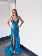 Sparkly Pink Mermaid Beaded Corset Long Prom Dress with Slit