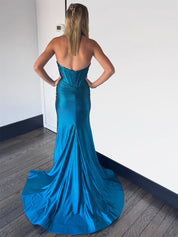 Sparkly Pink Mermaid Beaded Corset Long Prom Dress with Slit