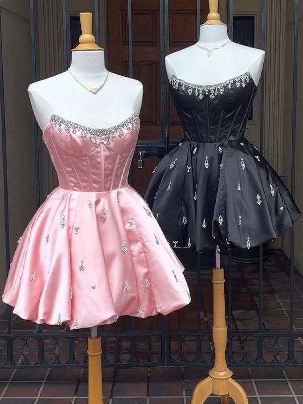 Sparkly Pink Satin A Line Short Corset Homecoming Dress with Rhinestones