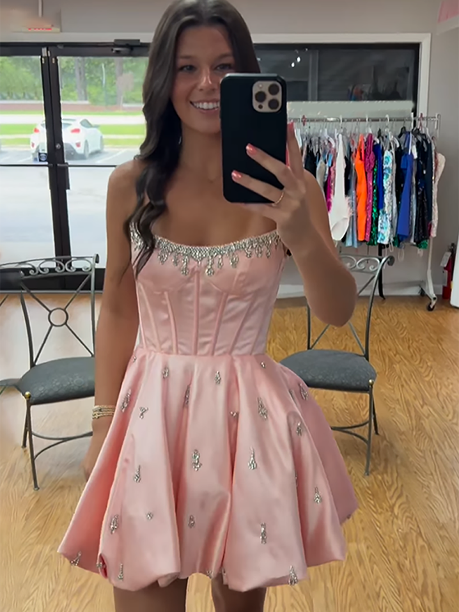 Sparkly Pink Satin A Line Short Corset Homecoming Dress with Rhinestones