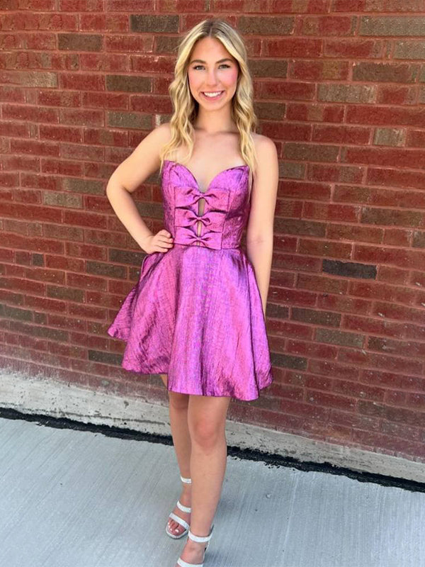 Sparkly Purple A-Line Sweetheart Short Homecoming Dresses with Bows