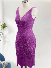 Sparkly Purple Bodycon V Neck Sequin Mini Dress with Tassel