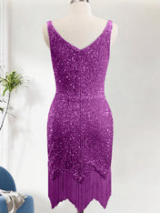Sparkly Purple Bodycon V Neck Sequin Mini Dress with Tassel