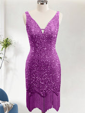 Sparkly Purple Bodycon V Neck Sequin Mini Dress with Tassel