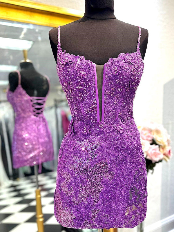 Sparkly Purple Sequin Spaghetti Straps Lace Up Tight Homecoming Dress
