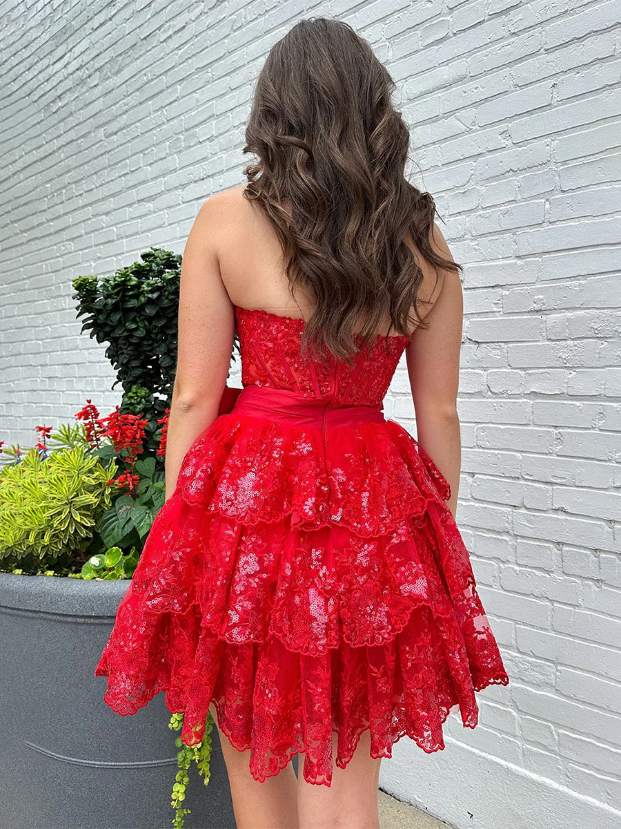 Sparkly Red A Line Sweetheart Corset Tiered Ruffle Homecoming Dress with Bows