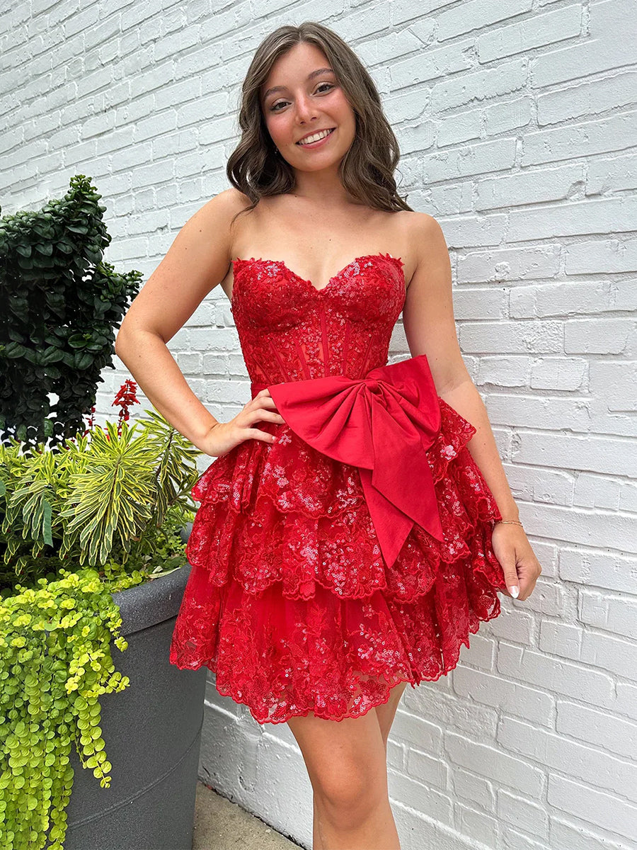 Sparkly Red A Line Sweetheart Corset Tiered Ruffle Homecoming Dress with Bows