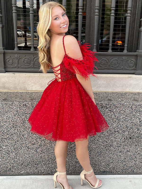 Sparkly Red A Line V Neck Tulle Short Homecoming Dress with Feather