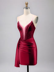 Sparkly Red Corset Satin Tight Beaded Homecoming Dress with Streamer