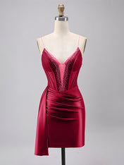 Sparkly Red Corset Satin Tight Beaded Homecoming Dress with Streamer