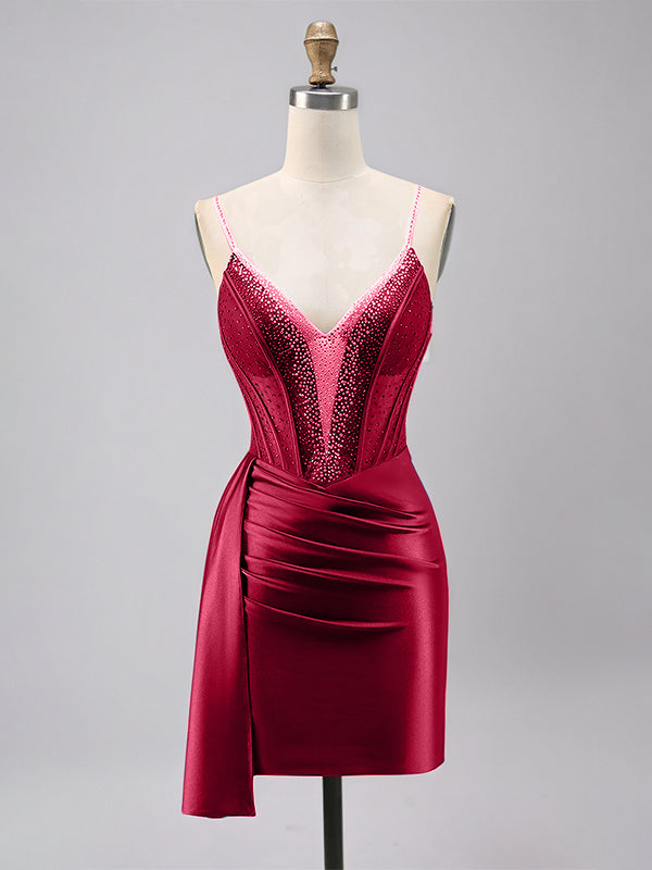 Sparkly Red Corset Satin Tight Beaded Homecoming Dress with Streamer