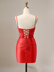 Sparkly Red Glitter Spaghetti Straps Sequins Pleated Corset Homecoming Dress