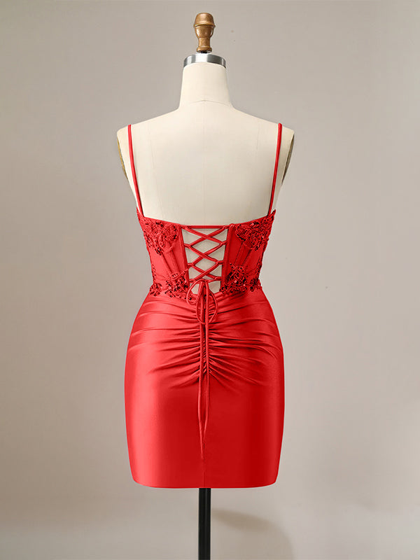Sparkly Red Glitter Spaghetti Straps Sequins Pleated Corset Homecoming Dress