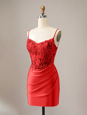 Sparkly Red Glitter Spaghetti Straps Sequins Pleated Corset Homecoming Dress