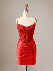 Sparkly Red Glitter Spaghetti Straps Sequins Pleated Corset Homecoming Dress