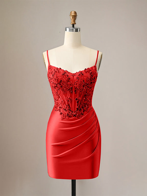 Sparkly Red Glitter Spaghetti Straps Sequins Pleated Corset Homecoming Dress