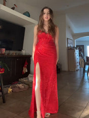 Sparkly Red Mermaid Spaghetti Straps Long Prom Dresses with Slit