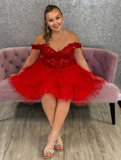 Sparkly Red Ruffled Tulle Short Corset Homecoming Dress with Lace