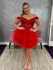 Sparkly Red Ruffled Tulle Short Corset Homecoming Dress with Lace