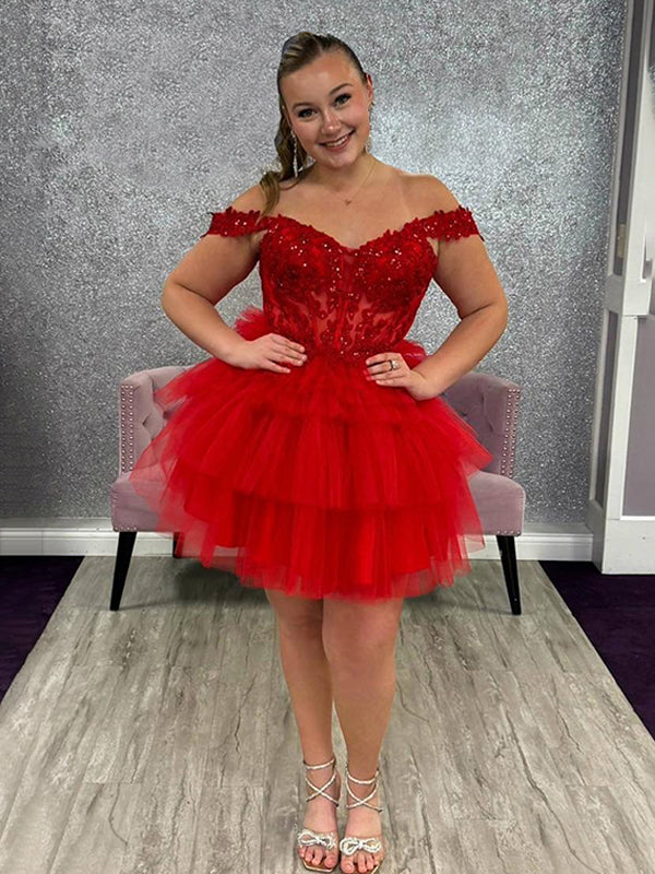 Sparkly Red Ruffled Tulle Short Corset Homecoming Dress with Lace