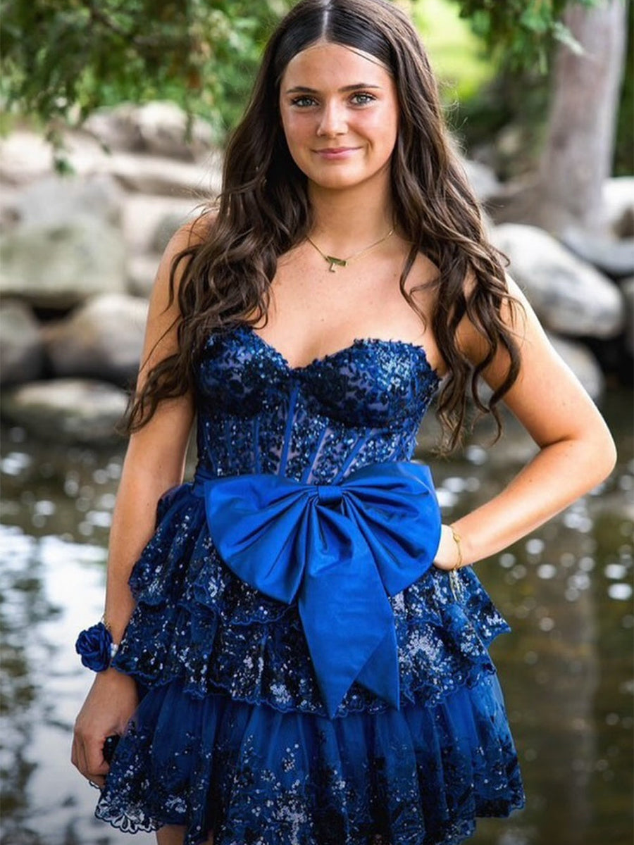 Sparkly Roya Blue A Line Sweetheart Corset Tiered Ruffle Homecoming Dress with Bows