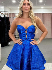 Sparkly Royal Blue A-Line Sweetheart Short Homecoming Dresses with Bows