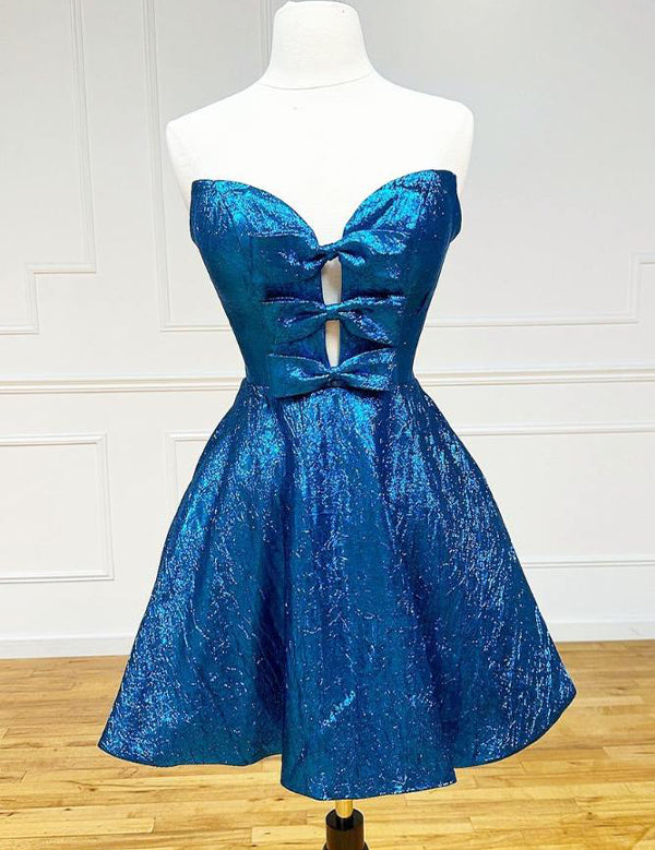 Sparkly Royal Blue A-Line Sweetheart Short Homecoming Dresses with Bows