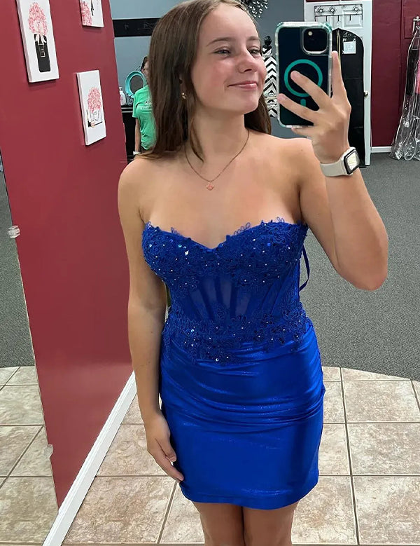 Sparkly Royal Blue Tight Corset Strapless Short Satin Homecoming Dress