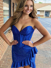 Sparkly Royal Blue Tight Short Corset Homecoming Dress with Beading