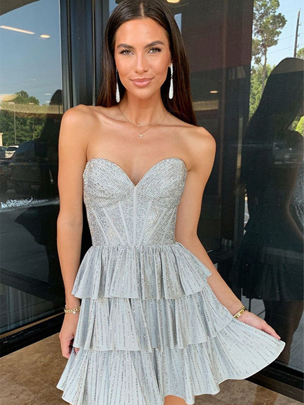 Sparkly Silver Sweetheart Short A-Line Tiered Beaded Homecoming Dress
