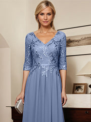 Sparkly Slate Blue A Line V-Neck Chiffon Mother Of The Bride Dress With Appliques