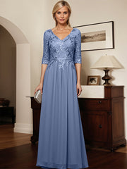 Sparkly Slate Blue A Line V-Neck Chiffon Mother Of The Bride Dress With Appliques