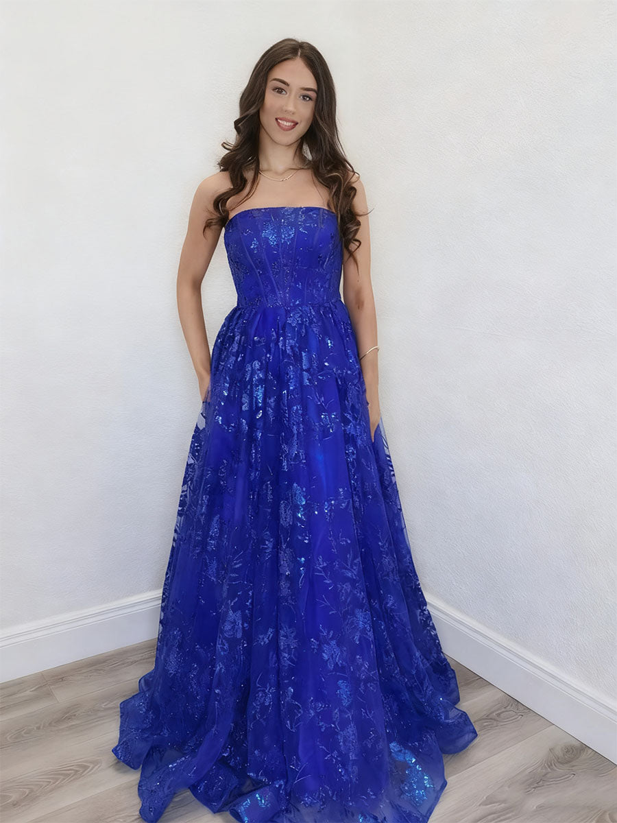 Sparkly Strapless Floral Long Prom Dress with Lace-Up Back