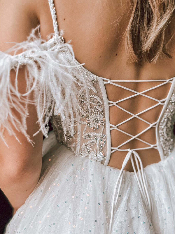 Sparkly White A Line V Neck Tulle Short Homecoming Dress with Feather