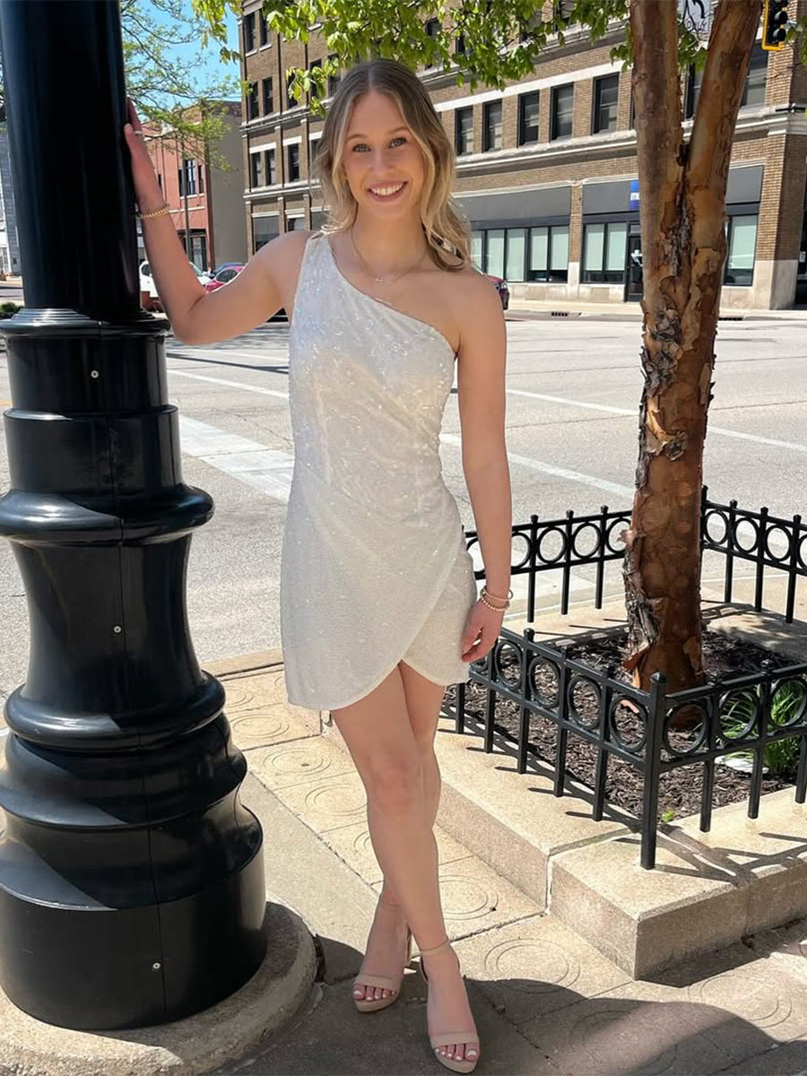 Sparkly White One Shoulder Short Homecoming Dress