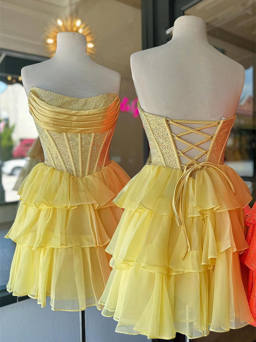 Sparkly Yellow A Line Tiered Short Beaded Homecoming Dress with Ruffles