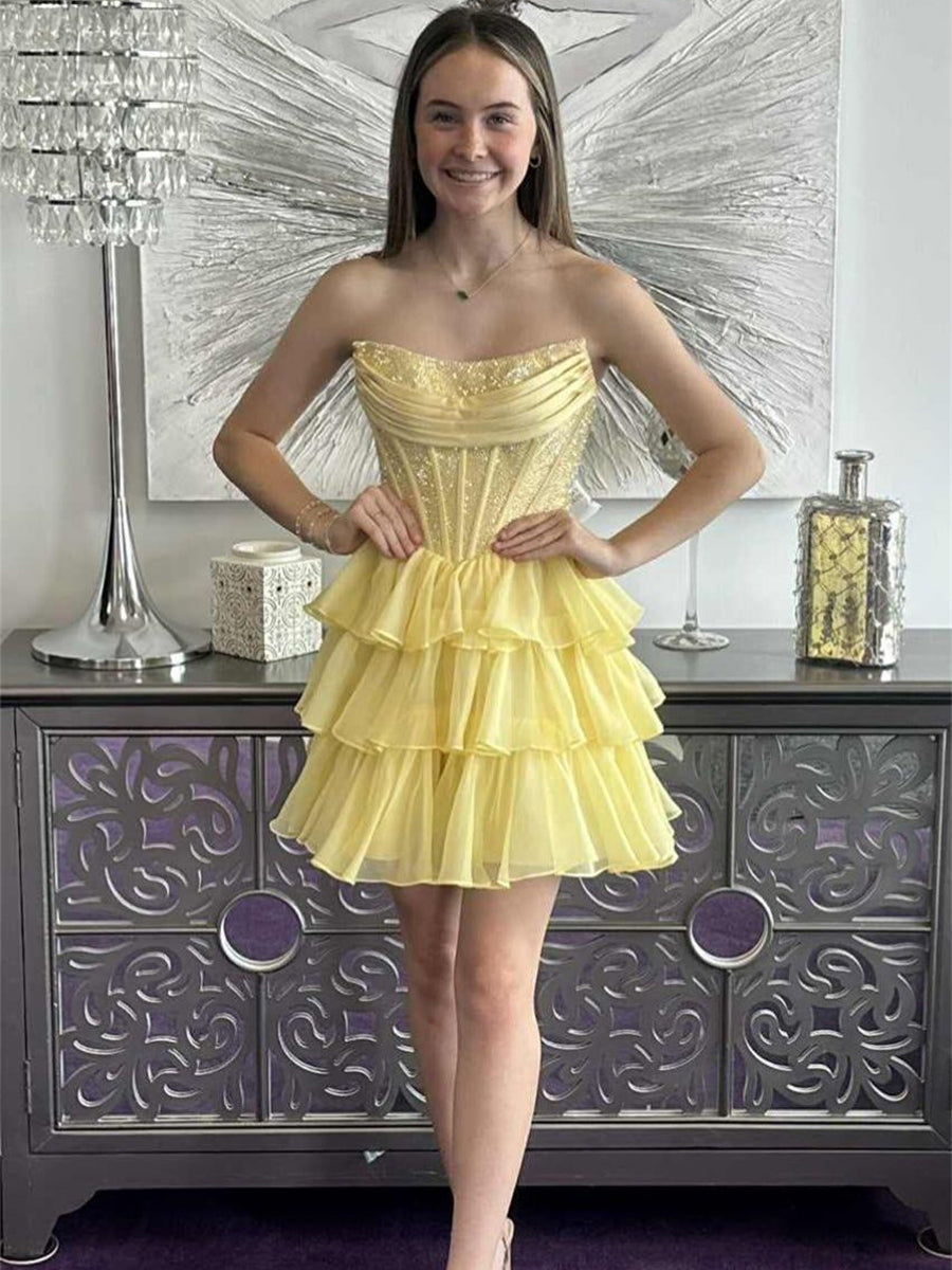 Sparkly Yellow A Line Tiered Short Beaded Homecoming Dress with Ruffles