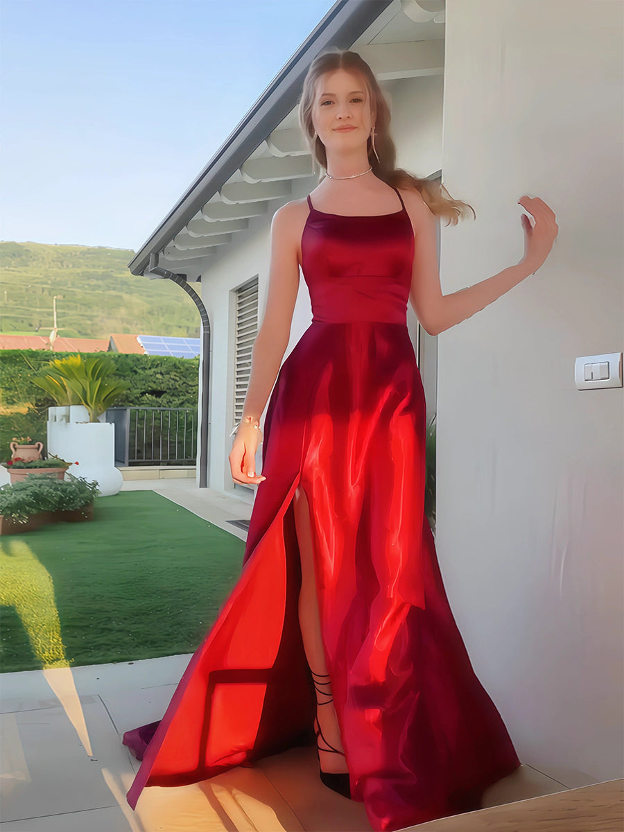 Square Neck Burgundy A-Line Long Prom Dress with Slit