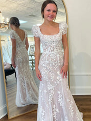 Square Neck Puff Sleeves Appliques Tulle Long Prom Dress