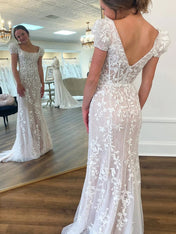 Square Neck Puff Sleeves Appliques Tulle Long Prom Dress