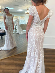 Square Neck Puff Sleeves Appliques Tulle Long Prom Dress