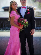 Square Neck Puff Sleeves Appliques Tulle Long Prom Dress