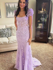 Square Neck Puff Sleeves Appliques Tulle Long Prom Dress