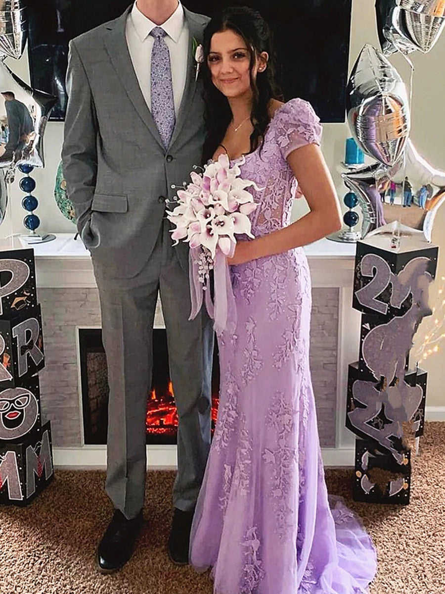 Square Neck Puff Sleeves Appliques Tulle Long Prom Dress