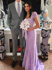 Square Neck Puff Sleeves Appliques Tulle Long Prom Dress