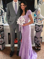 Square Neck Puff Sleeves Appliques Tulle Long Prom Dress