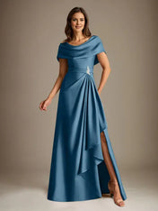 A-Line Scoop Floor-Length Stretch Satin Mother of the Bride Dress With Cascading Ruffles