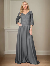 A Line Chiffon V Neck 3/4 Sleeves Floor-Length Mother Of The Bride Dress With Appliques